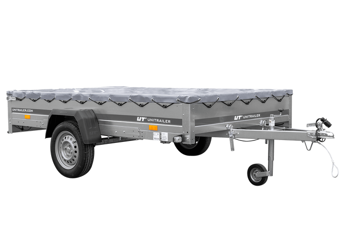 Einachsiger Anhänger auf Blattfedern 264×150 UNITRAILER GARDEN 265/R KIPP mit H-0-Rahmen und grauer Plane-Neu