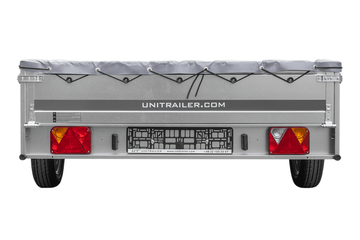 Einachsiger Anhänger auf Blattfedern 264×150 UNITRAILER GARDEN 265/R KIPP mit H-0-Rahmen und grauer Plane-Neu
