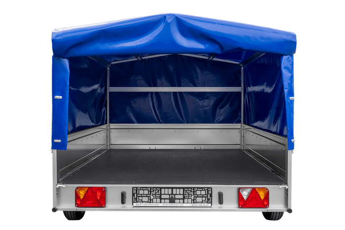 Einachsiger Anhänger auf Blattfedern 264×150 UNITRAILER GARDEN 265/R KIPP mit H-800 Rahmen und blauer Plane-Neu