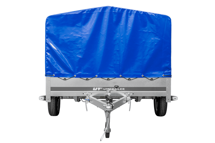 Einachsiger Anhänger auf Blattfedern 264×150 UNITRAILER GARDEN 265/R KIPP mit H-800 Rahmen und blauer Plane-Neu