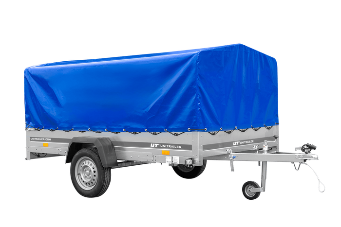Einachsiger Anhänger auf Blattfedern 264×150 UNITRAILER GARDEN 265/R KIPP mit H-800 Rahmen und blauer Plane-Neu