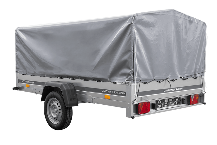 Einachsiger Anhänger auf Blattfedern 264×150 UNITRAILER GARDEN 265/R KIPP mit H-800 Rahmen und grauer Plane-Neu
