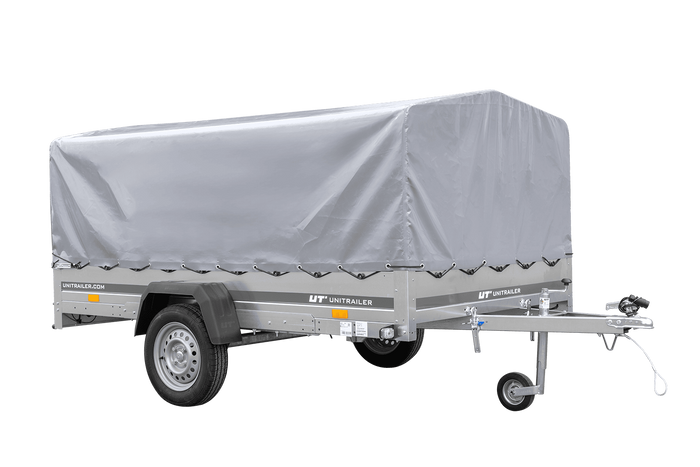 Einachsiger Anhänger auf Blattfedern 264×150 UNITRAILER GARDEN 265/R KIPP mit H-800 Rahmen und grauer Plane-Neu
