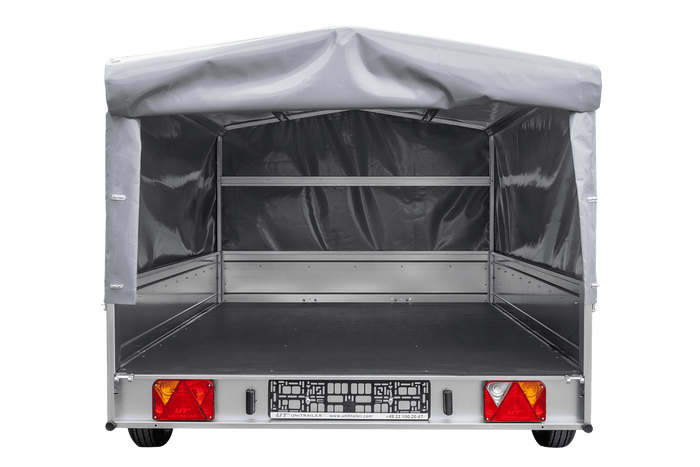 Einachsiger Anhänger auf Blattfedern 264×150 UNITRAILER GARDEN 265/R KIPP mit H-800 Rahmen und grauer Plane-Neu