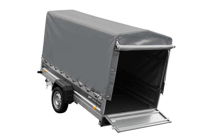 Einachsiger Anhänger mit Blattfedern 264×125 UNITRAILER FORCE 264/R KIPP mit H-1100 Rahmen und grauer Plane-Neu
