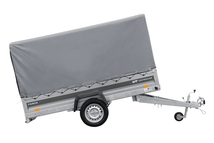 Einachsiger Anhänger mit Blattfedern 264×125 UNITRAILER FORCE 264/R KIPP mit H-1100 Rahmen und grauer Plane-Neu