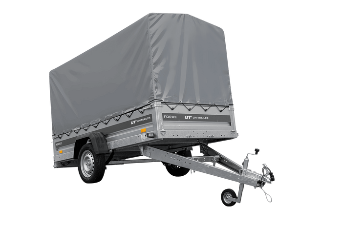Einachsiger Anhänger mit Blattfedern 264×125 UNITRAILER FORCE 264/R KIPP mit H-1100 Rahmen und grauer Plane-Neu