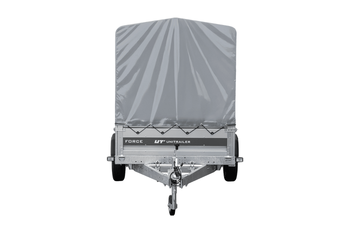 Einachsiger Anhänger mit Blattfedern 264×125 UNITRAILER FORCE 264/R KIPP mit H-1100 Rahmen und grauer Plane-Neu