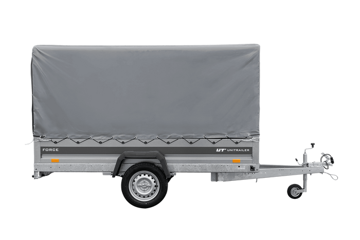 Einachsiger Anhänger mit Blattfedern 264×125 UNITRAILER FORCE 264/R KIPP mit H-1100 Rahmen und grauer Plane-Neu