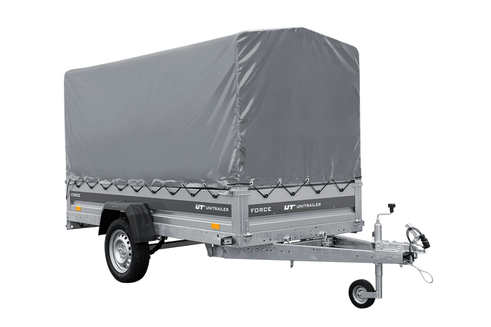 Einachsiger Anhänger mit Blattfedern 264×125 UNITRAILER FORCE 264/R KIPP mit H-1100 Rahmen und grauer Plane-Neu