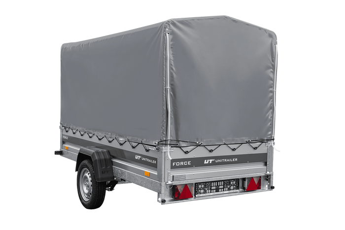 Einachsiger Anhänger mit Blattfedern 264×125 UNITRAILER FORCE 264/R KIPP mit H-1100 Rahmen und grauer Plane-Neu