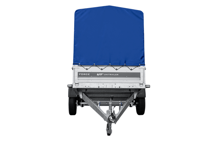 Einachsiger Anhänger mit Blattfedern 264×125 UNITRAILER FORCE 264/R KIPP mit H-1100 Spriegel und blauer Plane-Neu