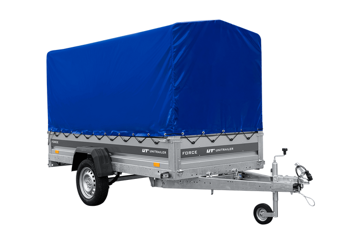 Einachsiger Anhänger mit Blattfedern 264×125 UNITRAILER FORCE 264/R KIPP mit H-1100 Spriegel und blauer Plane-Neu