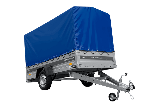 Einachsiger Anhänger mit Blattfedern 264×125 UNITRAILER FORCE 264/R KIPP mit H-1100 Spriegel und blauer Plane-Neu