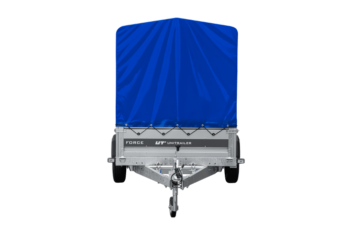 Einachsiger Anhänger mit Blattfedern 264×125 UNITRAILER FORCE 264/R KIPP mit H-1100 Spriegel und blauer Plane-Neu