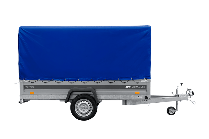 Einachsiger Anhänger mit Blattfedern 264×125 UNITRAILER FORCE 264/R KIPP mit H-1100 Spriegel und blauer Plane-Neu