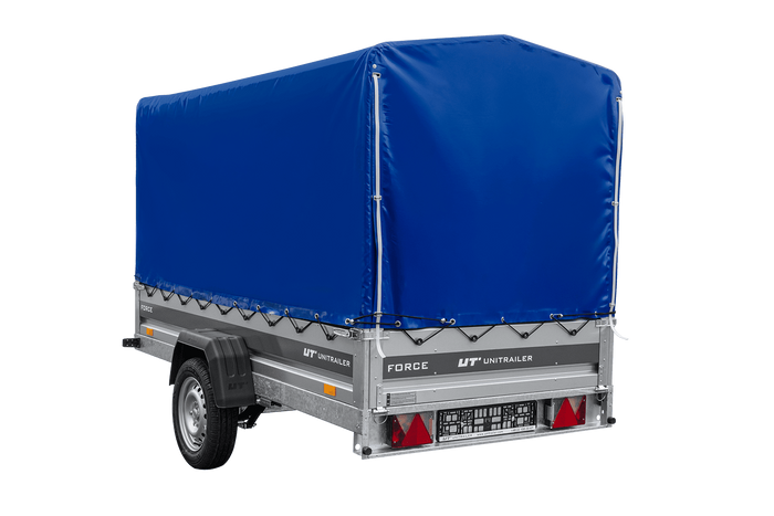Einachsiger Anhänger mit Blattfedern 264×125 UNITRAILER FORCE 264/R KIPP mit H-1100 Spriegel und blauer Plane-Neu