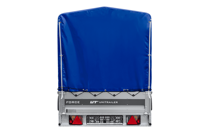 Einachsiger Anhänger mit Blattfedern 264×125 UNITRAILER FORCE 264/R KIPP mit H-1100 Spriegel und blauer Plane-Neu