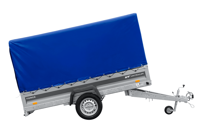 Einachsiger Anhänger mit Blattfedern 264×125 UNITRAILER FORCE 264/R KIPP mit H-1100 Spriegel und blauer Plane-Neu