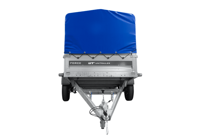 Einachsiger Anhänger mit Blattfedern 264×125 UNITRAILER FORCE 264/R KIPP mit H-800 Spriegel und blauer Plane-Neu