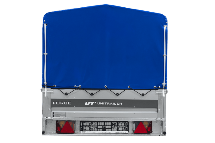 Einachsiger Anhänger mit Blattfedern 264×125 UNITRAILER FORCE 264/R KIPP mit H-800 Spriegel und blauer Plane-Neu