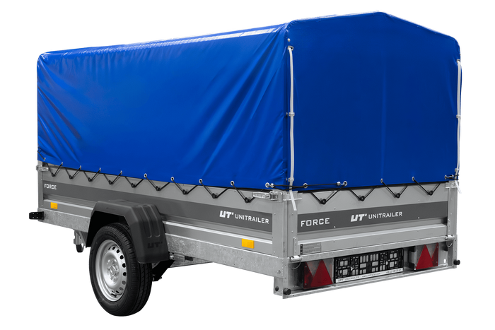 Einachsiger Anhänger mit Blattfedern 264×125 UNITRAILER FORCE 264/R KIPP mit H-800 Spriegel und blauer Plane-Neu