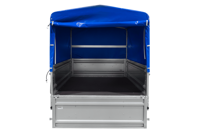 Einachsiger Anhänger mit Blattfedern 264×125 UNITRAILER FORCE 264/R KIPP mit H-800 Spriegel und blauer Plane-Neu