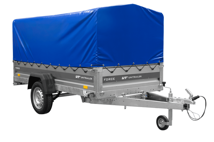 Einachsiger Anhänger mit Blattfedern 264×125 UNITRAILER FORCE 264/R KIPP mit H-800 Spriegel und blauer Plane-Neu