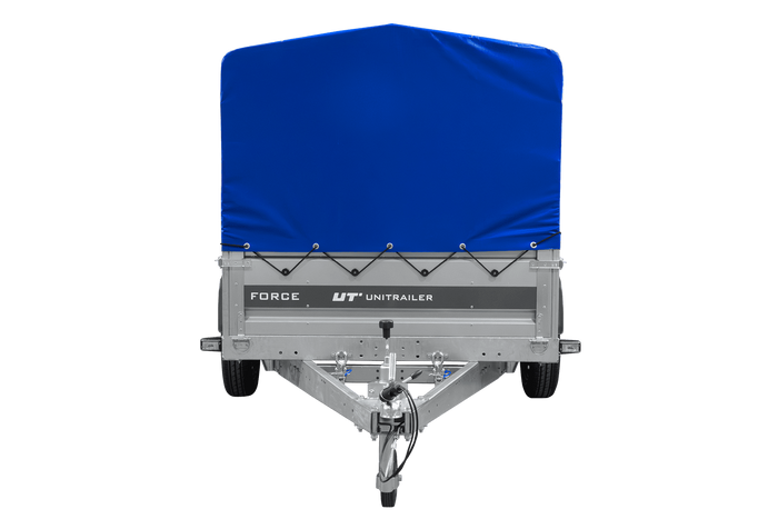 Einachsiger Anhänger mit Blattfedern 264×125 UNITRAILER FORCE 264/R KIPP mit H-800 Spriegel und blauer Plane-Neu