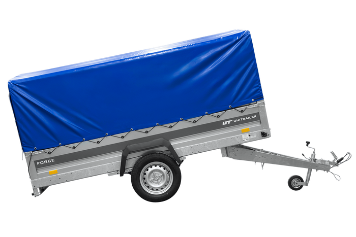 Einachsiger Anhänger mit Blattfedern 264×125 UNITRAILER FORCE 264/R KIPP mit H-800 Spriegel und blauer Plane-Neu