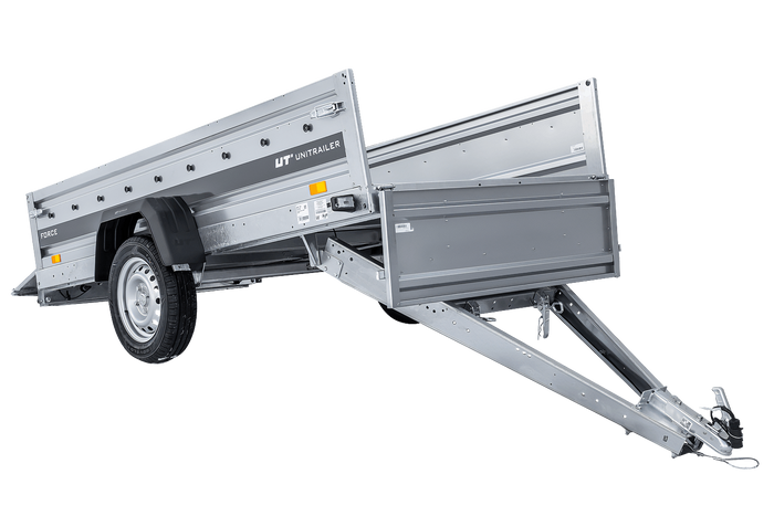 Einachsiger Anhänger mit Blattfedern 264×125 UNITRAILER FORCE 264/R KIPP mit H-800 Spriegel und blauer Plane-Neu