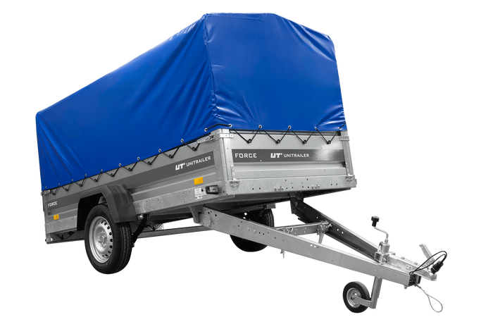 Einachsiger Anhänger mit Blattfedern 264×125 UNITRAILER FORCE 264/R KIPP mit H-800 Spriegel und blauer Plane-Neu