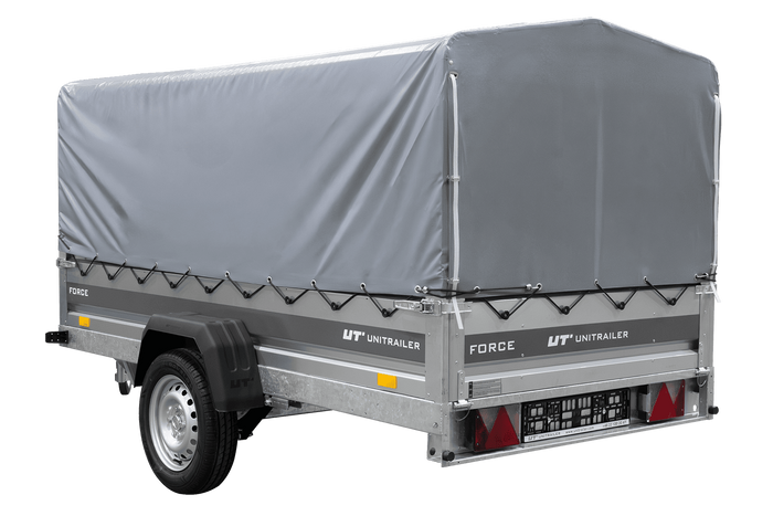 Einachsiger Anhänger mit Blattfedern 264×125 UNITRAILER FORCE 264/R KIPP mit H-800 Spriegel und grauer Plane-Neu