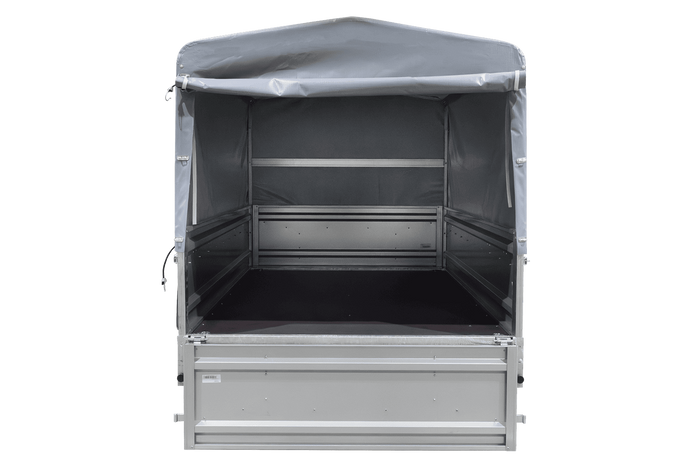 Einachsiger Anhänger mit Blattfedern 264×125 UNITRAILER FORCE 264/R KIPP mit H-800 Spriegel und grauer Plane-Neu
