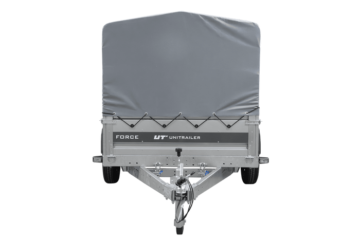 Einachsiger Anhänger mit Blattfedern 264×125 UNITRAILER FORCE 264/R KIPP mit H-800 Spriegel und grauer Plane-Neu