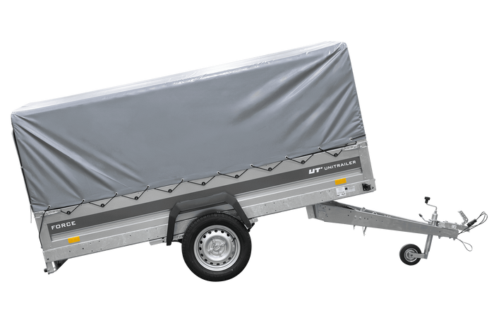 Einachsiger Anhänger mit Blattfedern 264×125 UNITRAILER FORCE 264/R KIPP mit H-800 Spriegel und grauer Plane-Neu