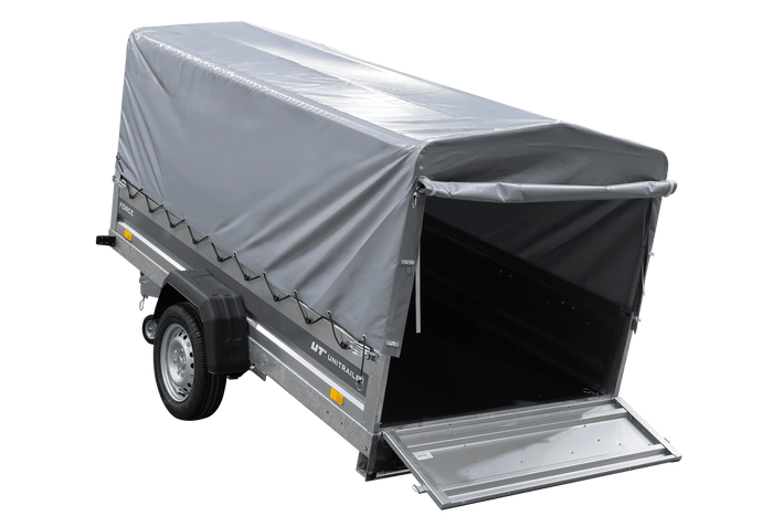 Einachsiger Anhänger mit Blattfedern 264×125 UNITRAILER FORCE 264/R KIPP mit H-800 Spriegel und grauer Plane-Neu