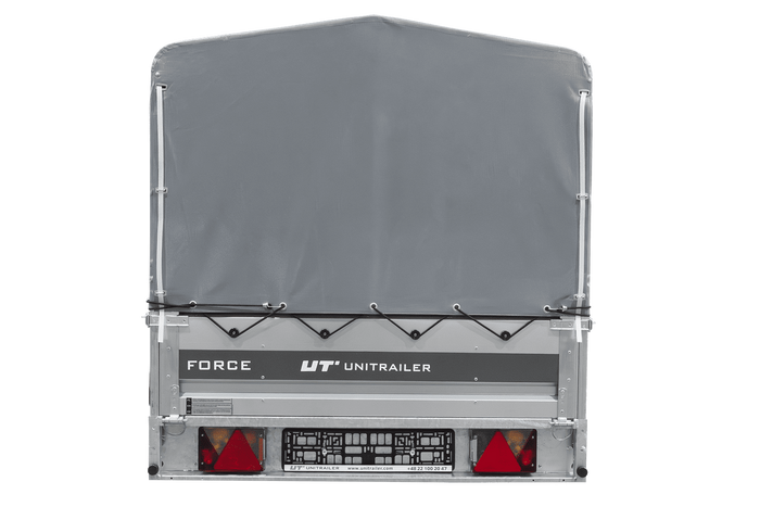Einachsiger Anhänger mit Blattfedern 264×125 UNITRAILER FORCE 264/R KIPP mit H-800 Spriegel und grauer Plane-Neu