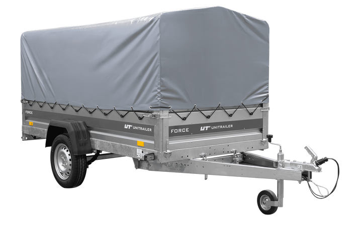 Einachsiger Anhänger mit Blattfedern 264×125 UNITRAILER FORCE 264/R KIPP mit H-800 Spriegel und grauer Plane-Neu