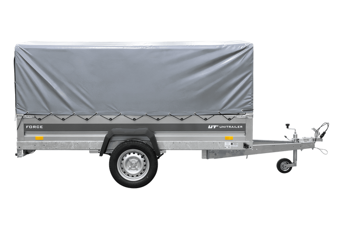 Einachsiger Anhänger mit Blattfedern 264×125 UNITRAILER FORCE 264/R KIPP mit H-800 Spriegel und grauer Plane-Neu