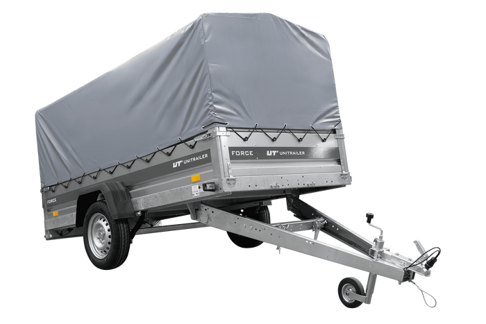 Einachsiger Anhänger mit Blattfedern 264×125 UNITRAILER FORCE 264/R KIPP mit H-800 Spriegel und grauer Plane-Neu