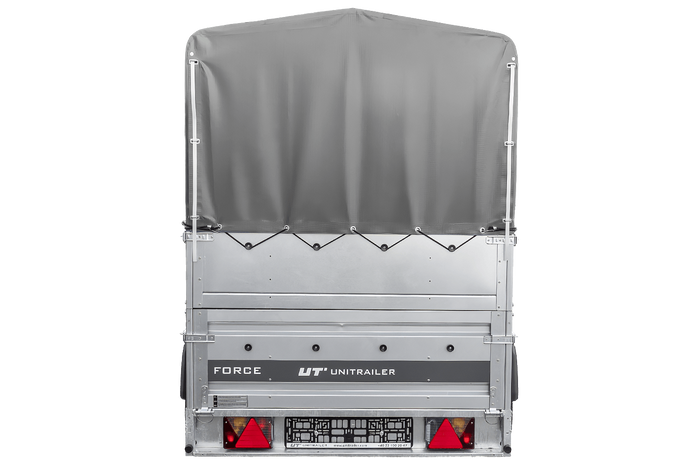 Einachsiger Federanhänger 230×125 UNITRAILER FORCE 230/R KIPP mit BIS-Seitenwänden, H-800-Rahmen und grauer Plane-Neu