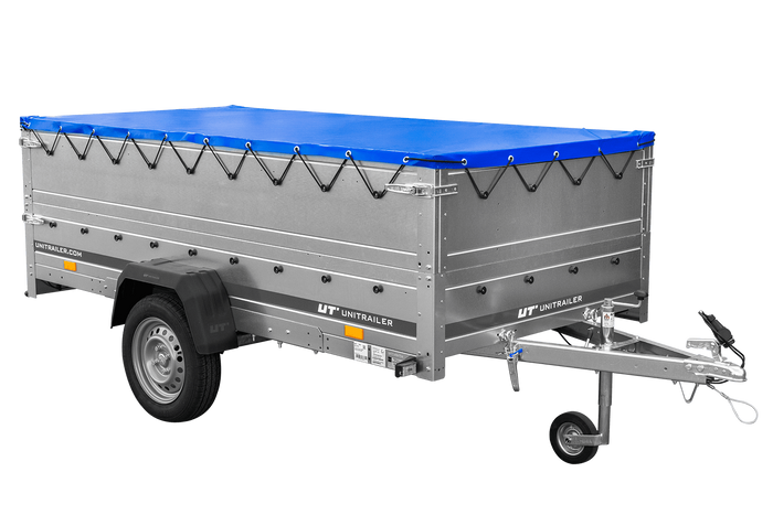 Großer Anhänger 750 kg GARDEN TRAILER 264 KIPP mit Bordwandaufsatz [zusätzliche 40 cm], Stützrad und blauer Flachplane-Neu