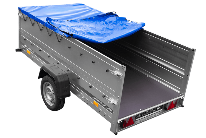 Großer Anhänger 750 kg GARDEN TRAILER 264 KIPP mit Bordwandaufsatz [zusätzliche 40 cm], Stützrad und blauer Flachplane-Neu