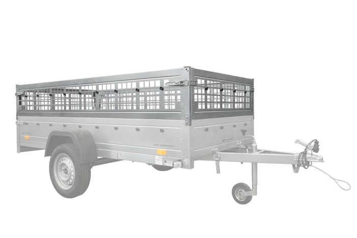 PKW-Anhänger 264×150 UNITRAILER GARDEN 265 KIPP mit Gitteraufsatz, Hochspriegel H-800 und blauer Plane-Neu