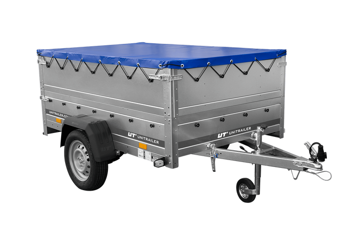 Leichtanhänger auf Blattfedern 200×125 UNITRAILER GARDEN 201/R KIPP mit BIS-Seiten, H-0-Rahmen und blauer Plane-Neu