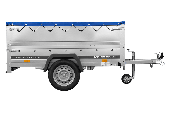Leichtanhänger auf Blattfedern 200×125 UNITRAILER GARDEN 201/R KIPP mit BIS-Seiten, H-0-Rahmen und blauer Plane-Neu