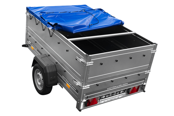 Leichtanhänger auf Blattfedern 200×125 UNITRAILER GARDEN 201/R KIPP mit BIS-Seiten, H-0-Rahmen und blauer Plane-Neu