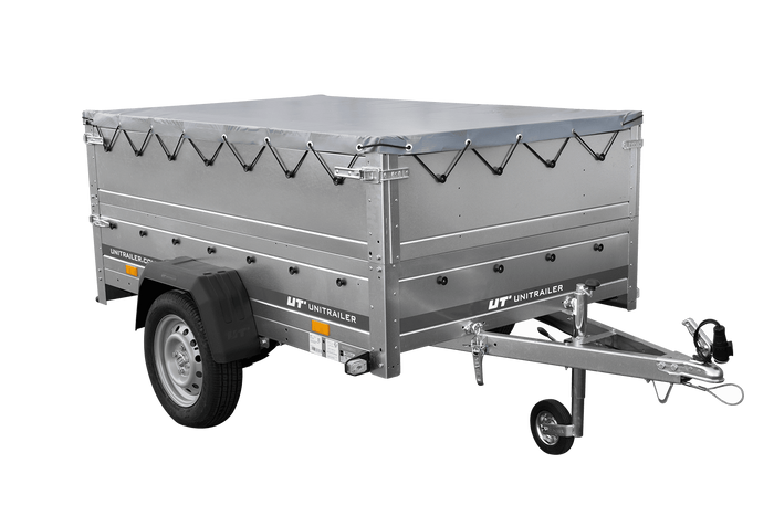 Leichtanhänger auf Blattfedern 200×125 UNITRAILER GARDEN 201/R KIPP mit BIS-Seiten, H-0-Rahmen und grauer Plane-Neu