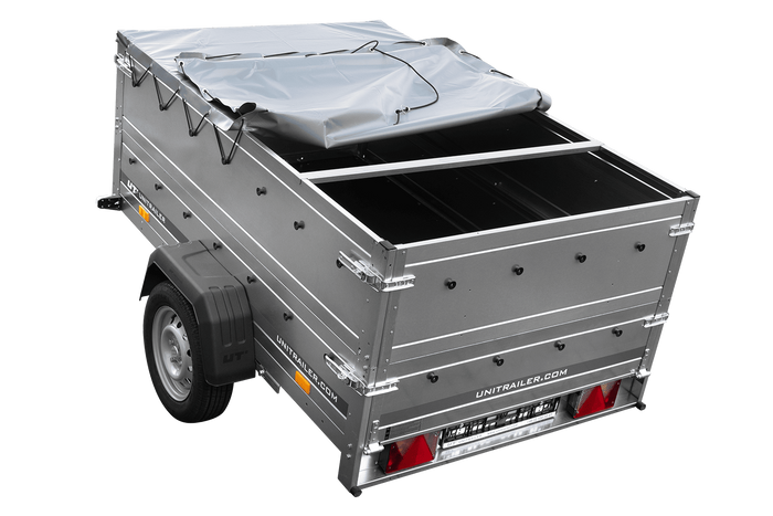 Leichtanhänger auf Blattfedern 200×125 UNITRAILER GARDEN 201/R KIPP mit BIS-Seiten, H-0-Rahmen und grauer Plane-Neu